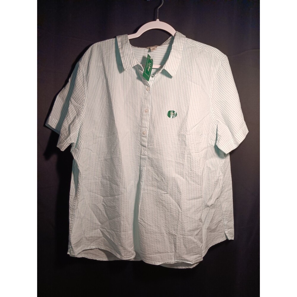 LL Bean 2X Pale Turquoise Seersucker Stripe Popover Top Short Sleeve Flowy New